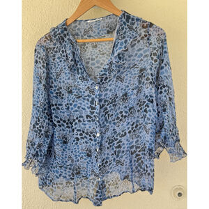 Y2K Blue Sheer Animal Print Silk Blouse Ruffle Sleeve Abstract Mob Wife Business